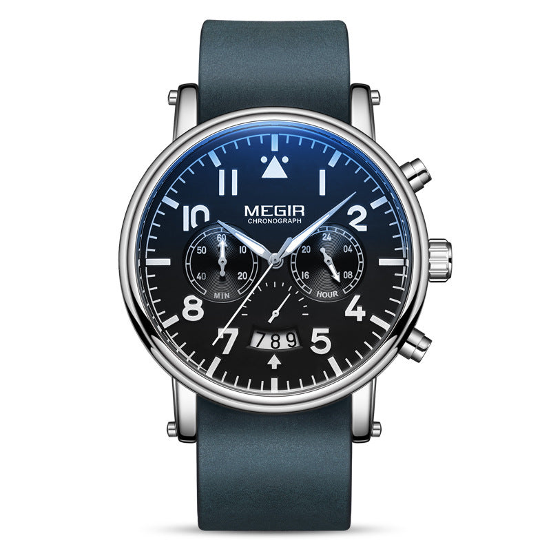 A men's watch with a blue leather strap and a round blue dial featuring multifunctional quartz indicators.