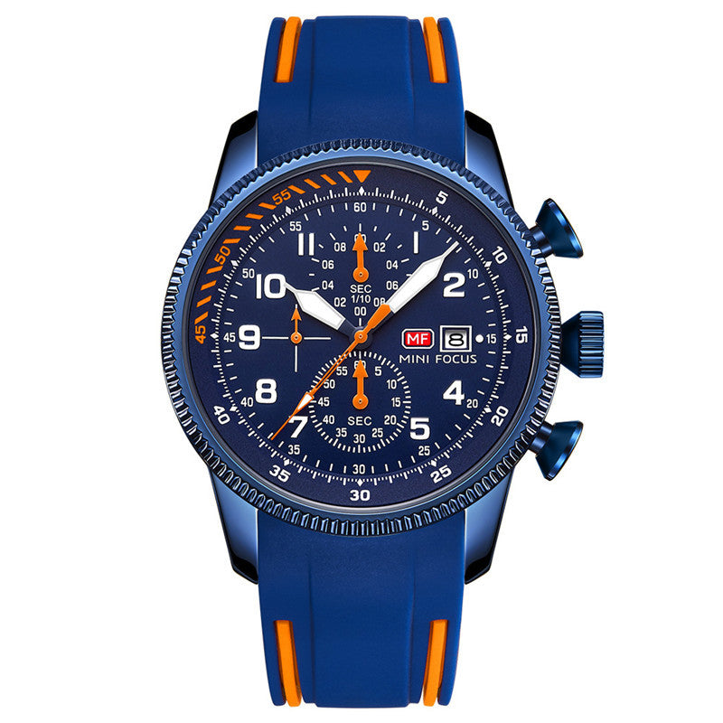 A blue and orange analog multifunctional aviation watch with a silicone band and a tachymeter dial.