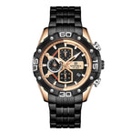 A black and silver analog watch with a round dial and alloy bracelet.