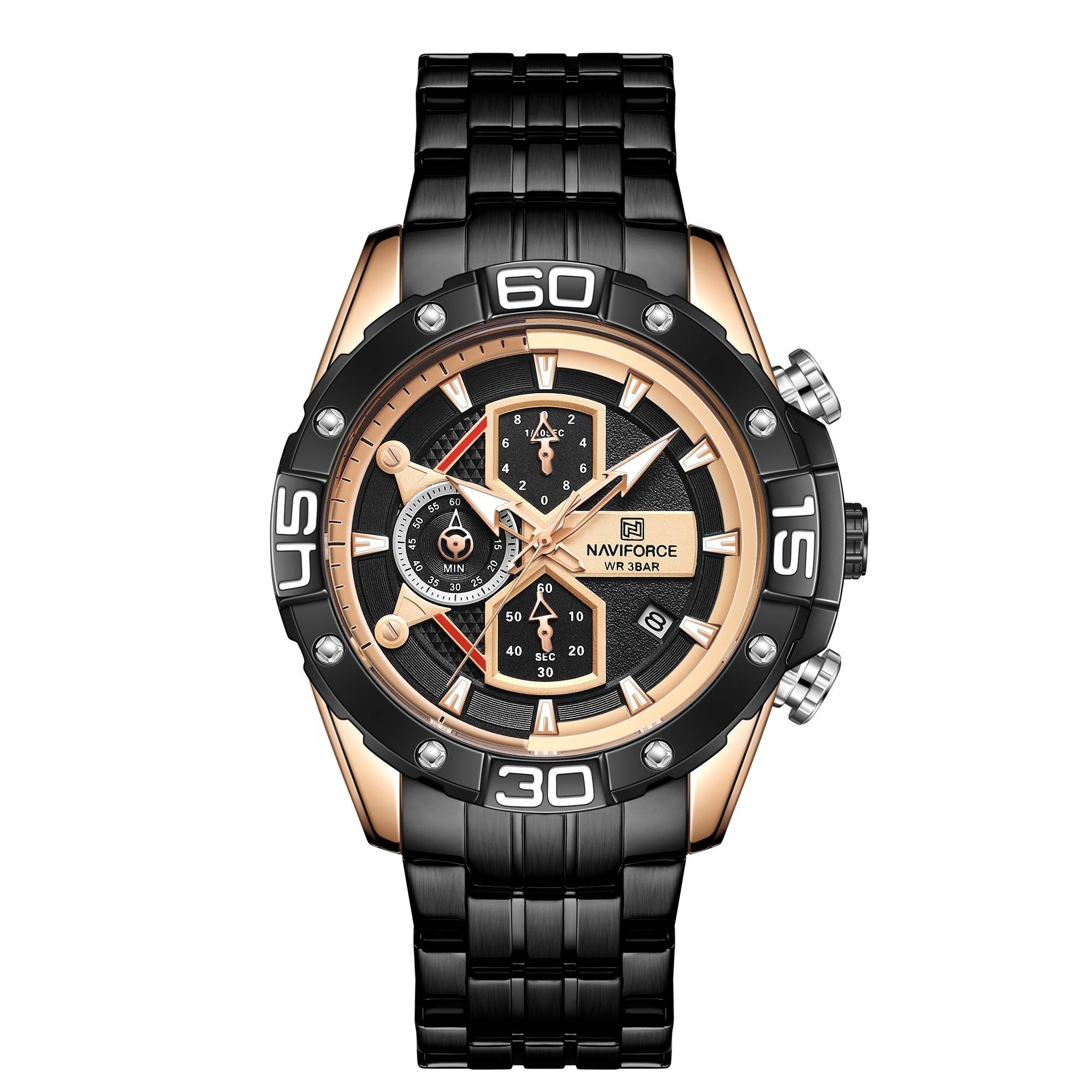 A black and silver analog watch with a round dial and alloy bracelet.