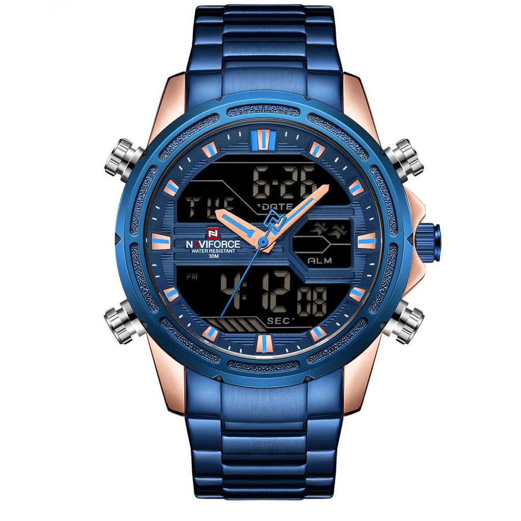 A rose gold and blue men's quartz watch with a steel band and digital display.