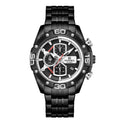 A black and silver analog watch with a round dial and alloy bracelet.