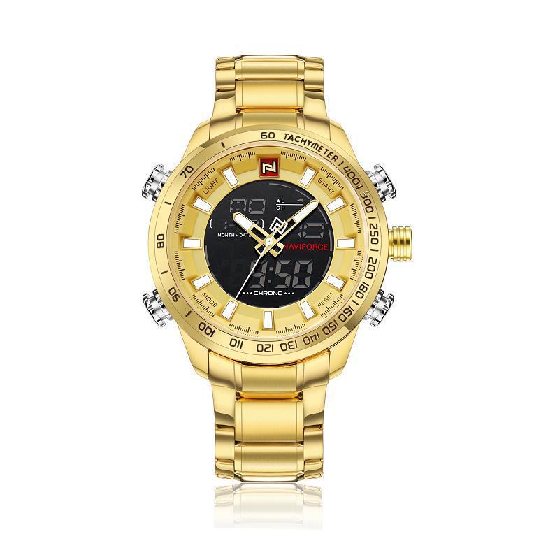 A silver-toned men's quartz watch with a black dial, red accents, and a stainless steel strap, displaying luminous features.