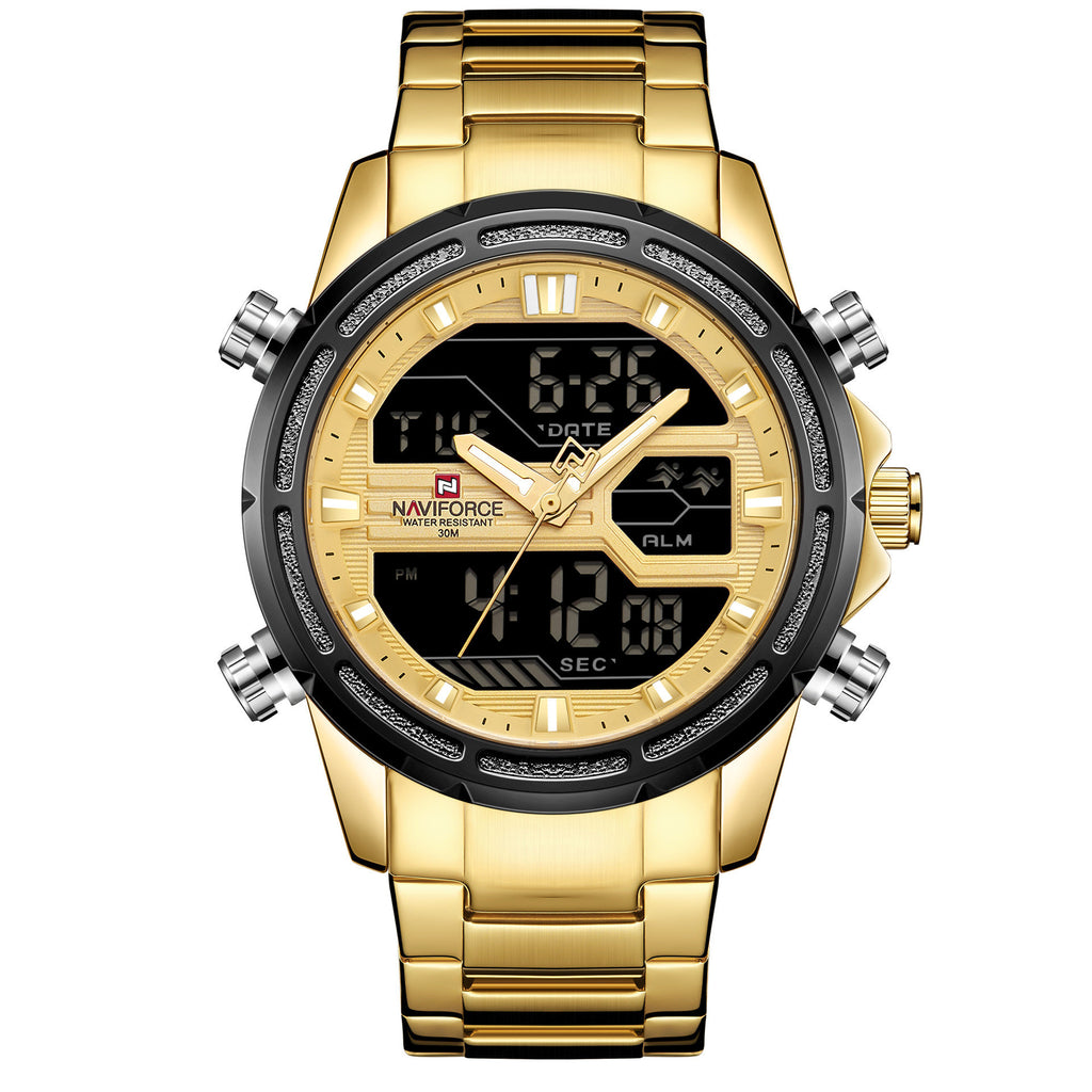 A rose gold and blue men's quartz watch with a steel band and digital display.