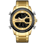 A rose gold and blue men's quartz watch with a steel band and digital display.