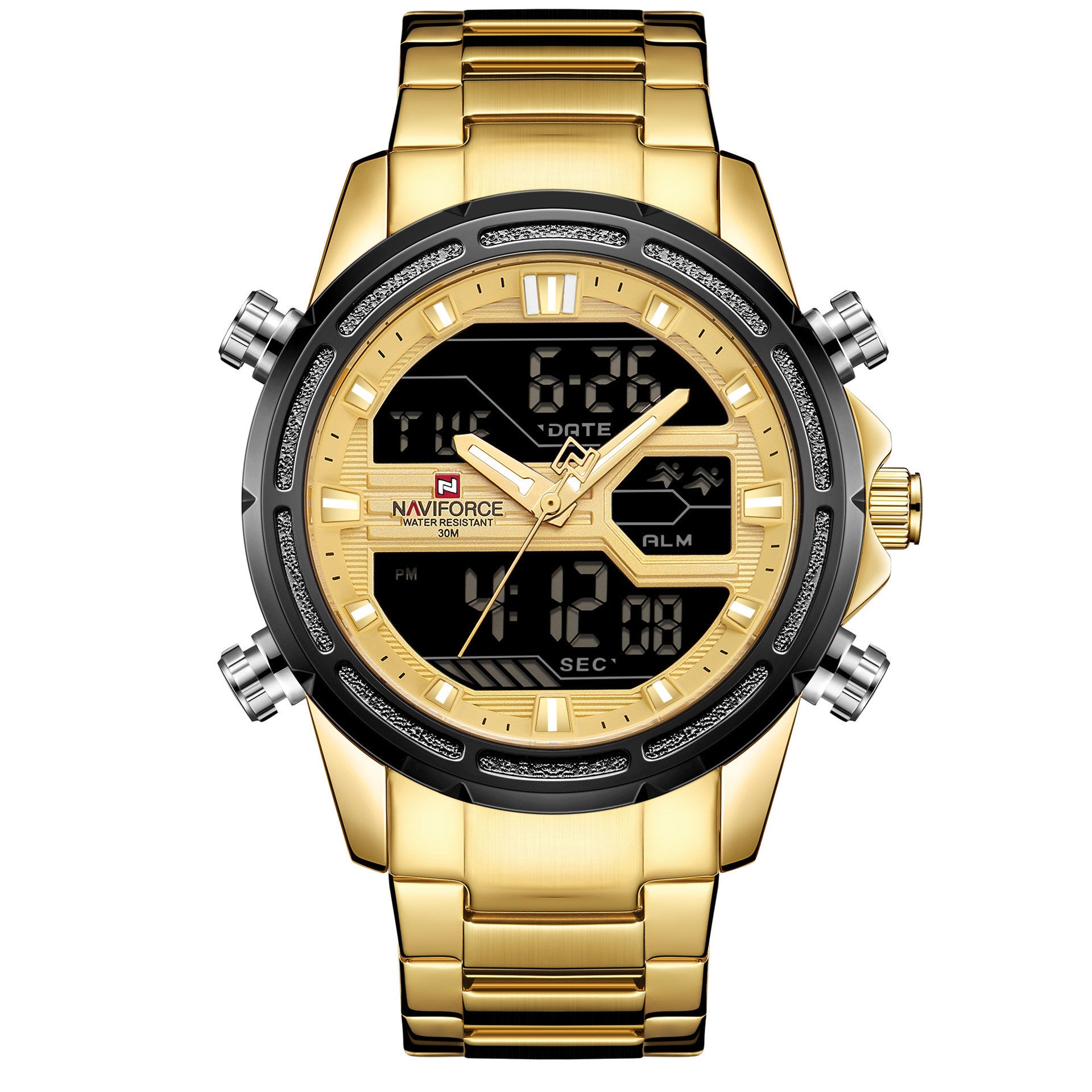 A rose gold and blue men's quartz watch with a steel band and digital display.