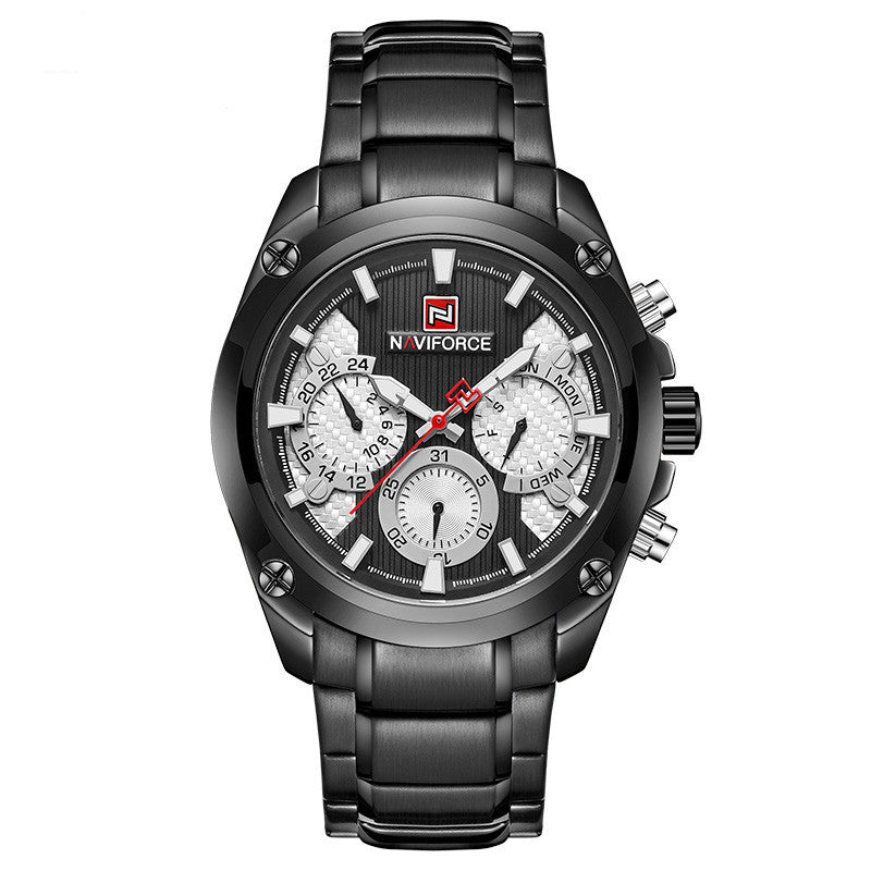 A men's quartz watch with a blue dial, black steel strap, and alloy case.