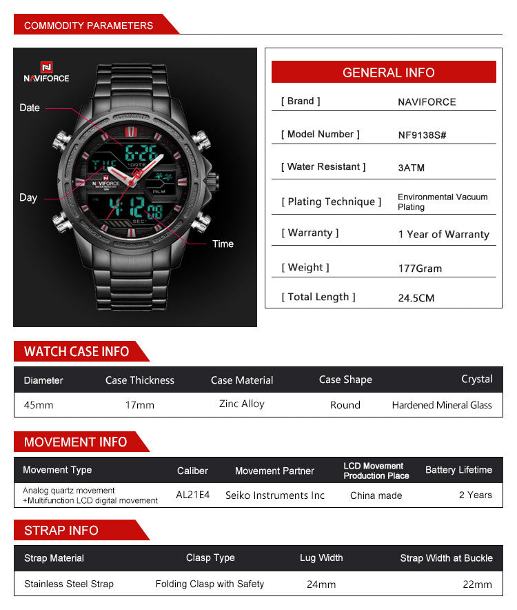 Naviforce Men's Automatic Movement Quartz Watch Waterproof Steel Band 2026 New Business Casual Watch