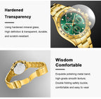 Gold wristwatch with green face and additional features highlighted on a gray background