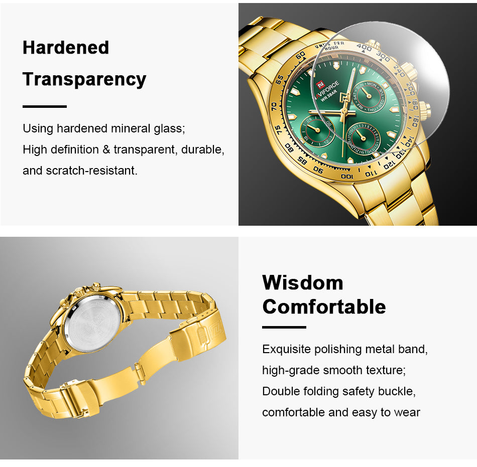 Gold wristwatch with green face and additional features highlighted on a gray background