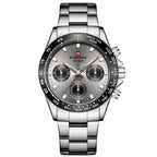 A silver-colored men's quartz watch with a business casual design, featuring a round dial and a steel band.