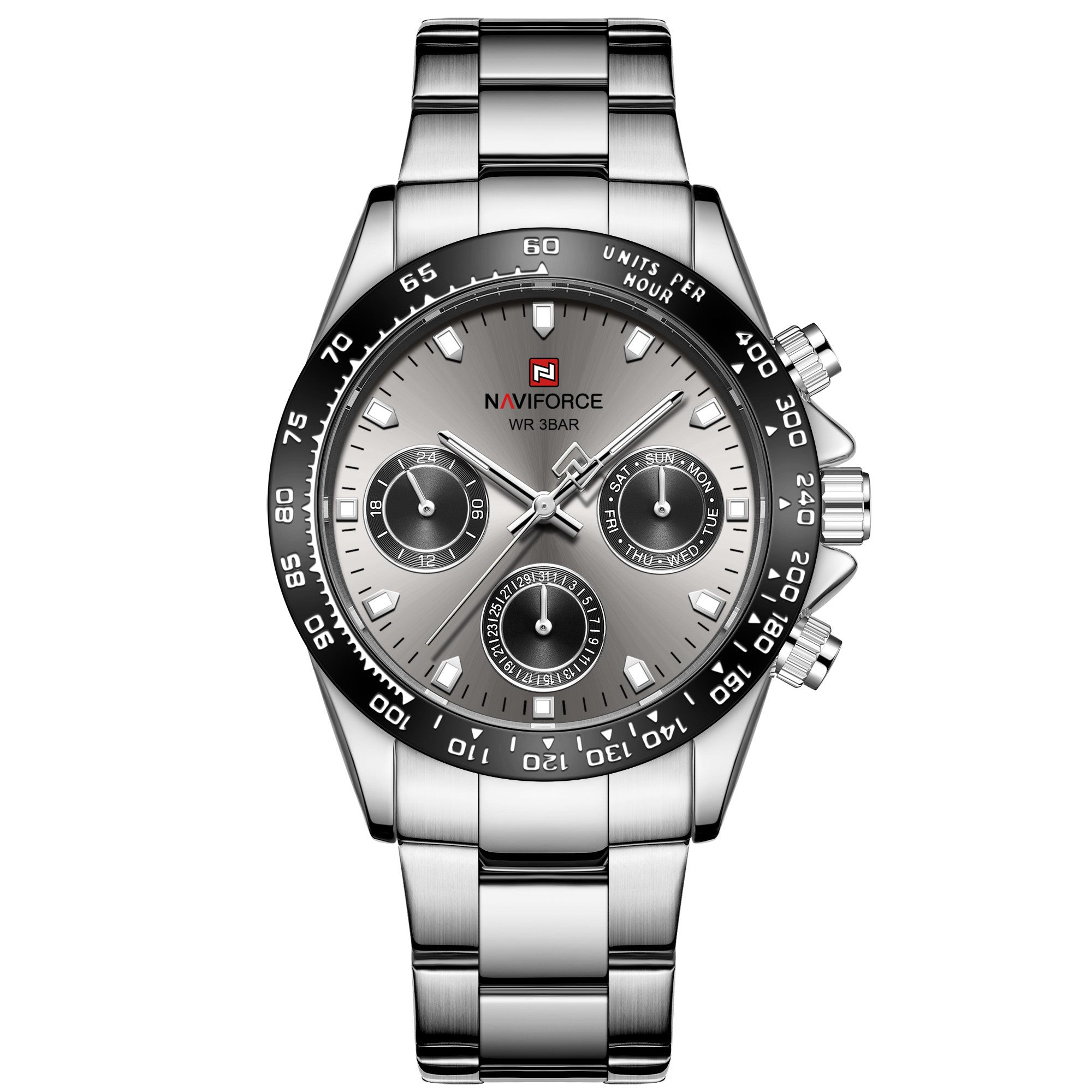 A silver-colored men's quartz watch with a business casual design, featuring a round dial and a steel band.