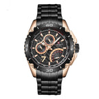 A silver stainless steel Lingxiang quartz watch with a green dial, featuring a three-hand calendar display and a titanium clasp.