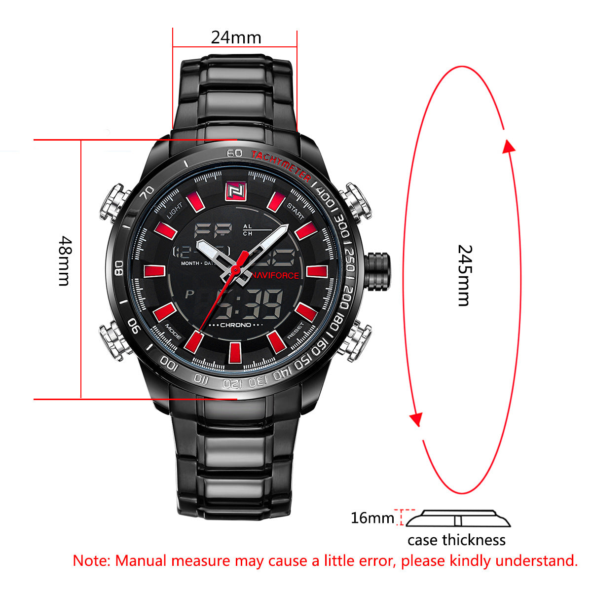 Black wristwatch with digital and analog display, showing measurements on a white background.