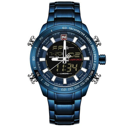 A silver-toned men's quartz watch with a black dial, red accents, and a stainless steel strap, displaying luminous features.