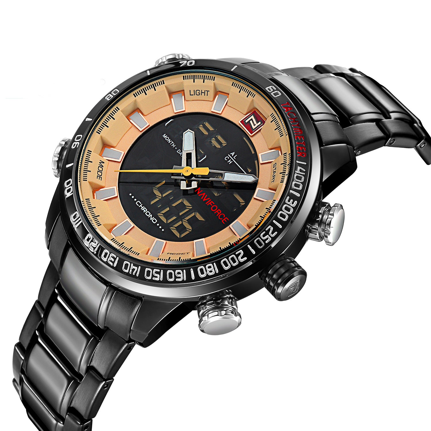 Multifunctional watch with digital and analog display on a white background