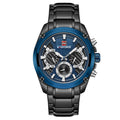 A men's quartz watch with a blue dial, black steel strap, and alloy case.