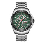 A silver stainless steel Lingxiang quartz watch with a green dial, featuring a three-hand calendar display and a titanium clasp.