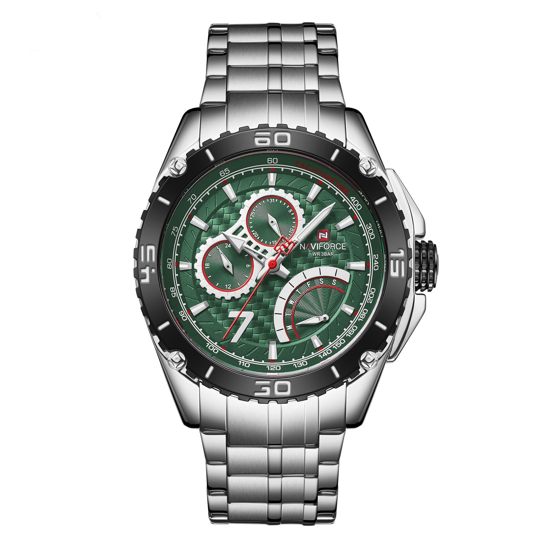 A silver stainless steel Lingxiang quartz watch with a green dial, featuring a three-hand calendar display and a titanium clasp.