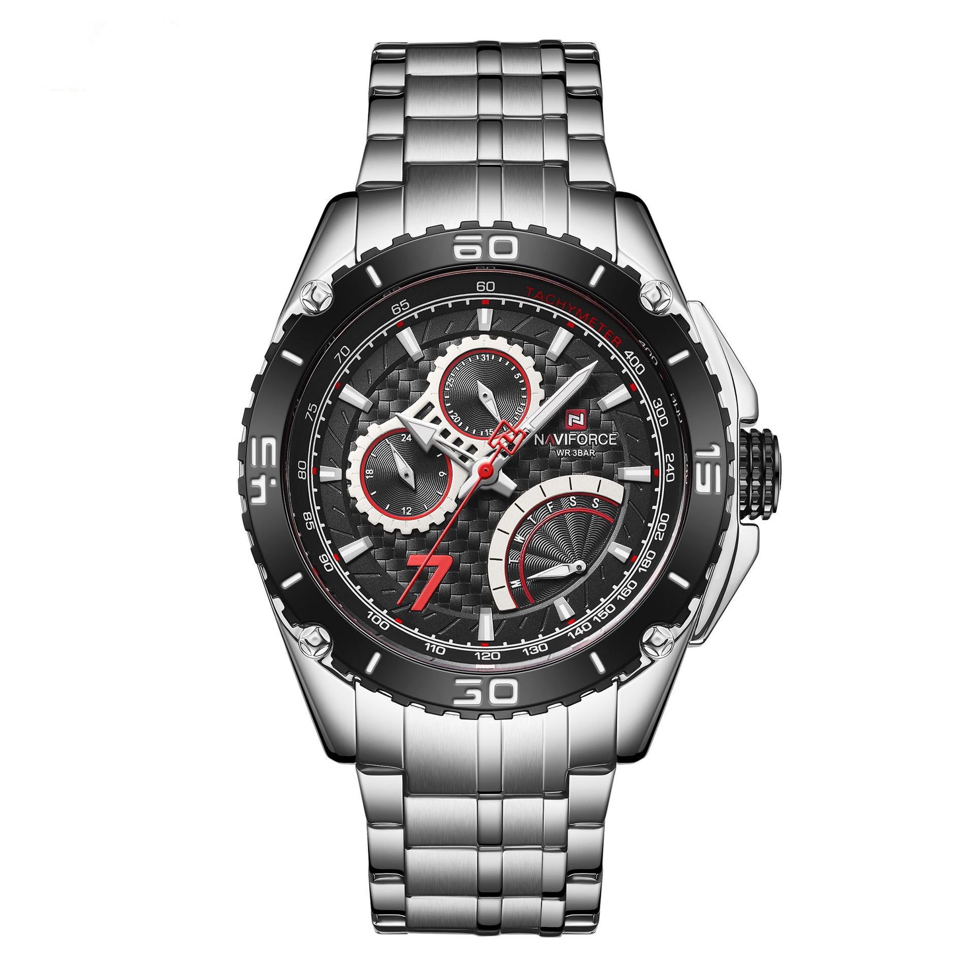 A silver stainless steel Lingxiang quartz watch with a green dial, featuring a three-hand calendar display and a titanium clasp.