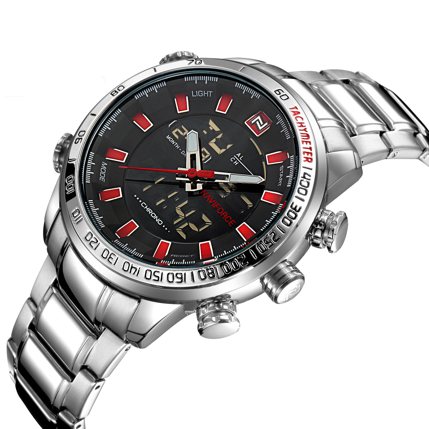 Silver wristwatch with a black face and red accents on a white background