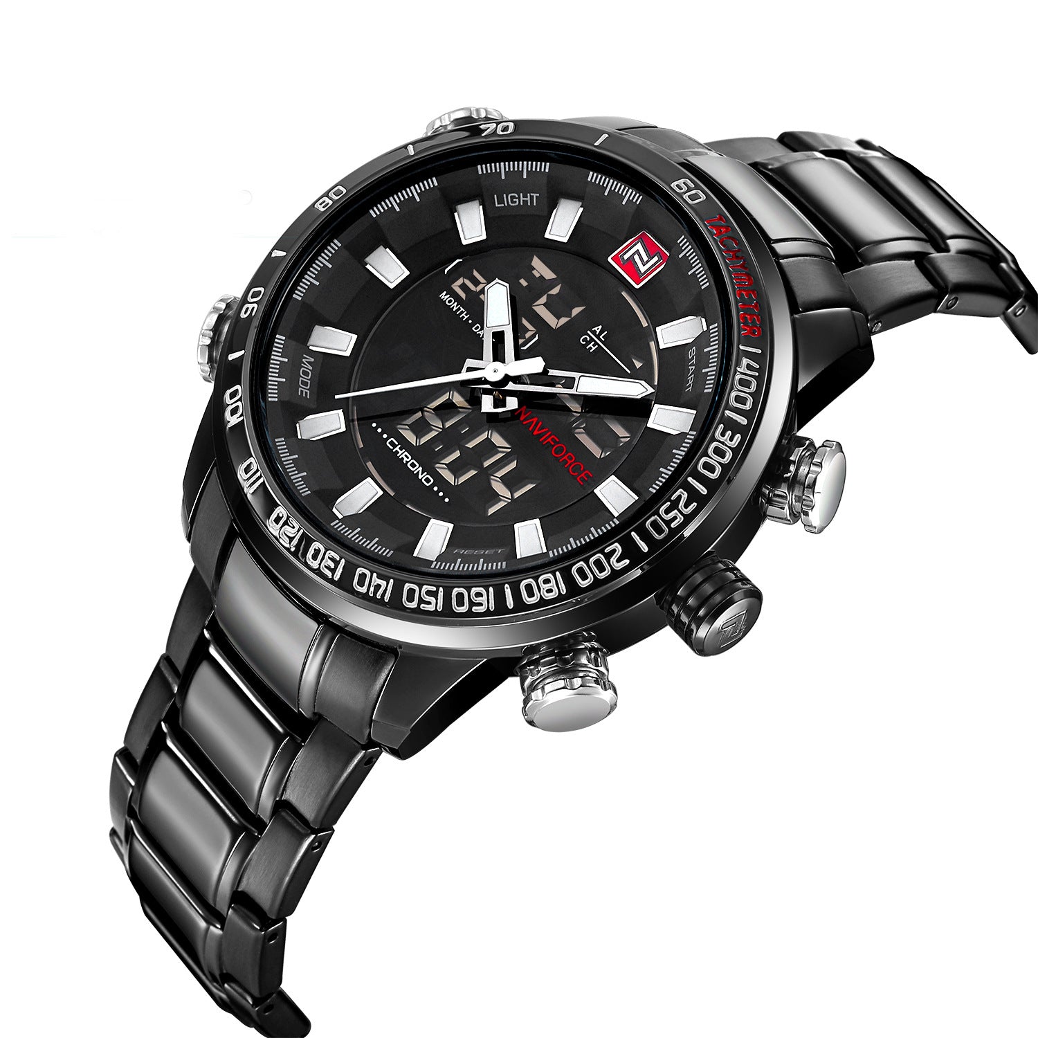 Black wristwatch with digital and analog display on a white background