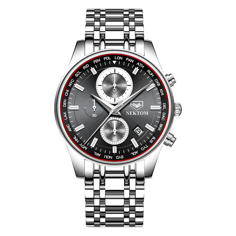 men's quartz watch with a black dial, sapphire crystal glass mirror, and a stainless steel bracelet.