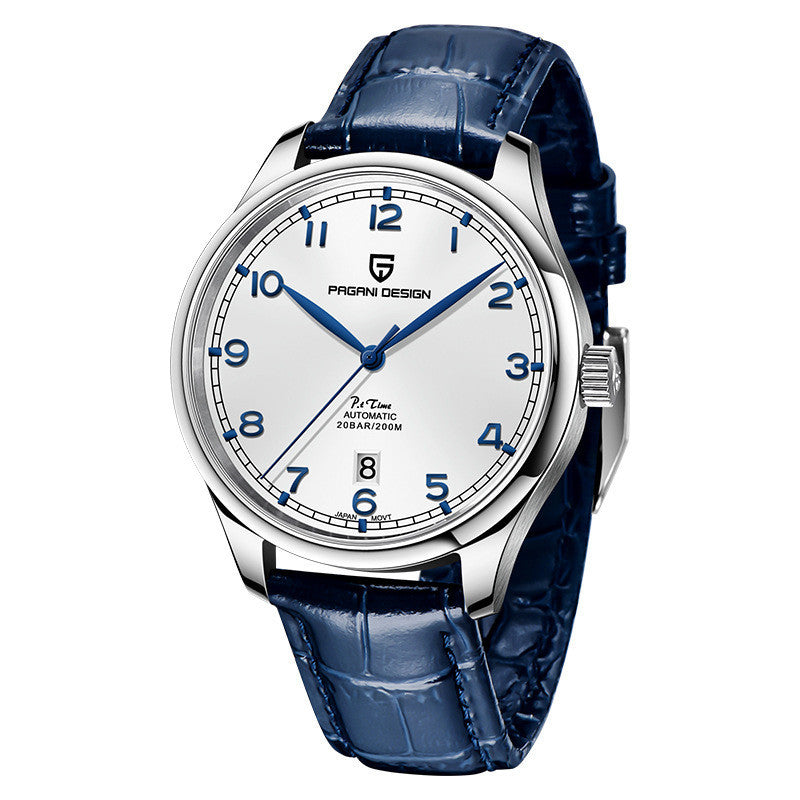 A blue mechanical watch with a round dial, stainless steel case, pin buckle, and a blue leather strap.