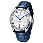 A blue mechanical watch with a round dial, stainless steel case, pin buckle, and a blue leather strap.