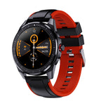 A black smartwatch with a silicone wristband and a digital display showing the time and various smart watch features.