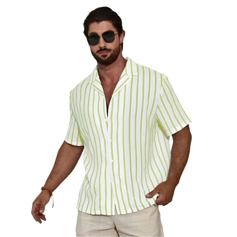 Men's Fashionable Casual Shirt Solid Color Geometric Contrast Color Striped 3D Digital Printing Men's Short Sleeve Shirt