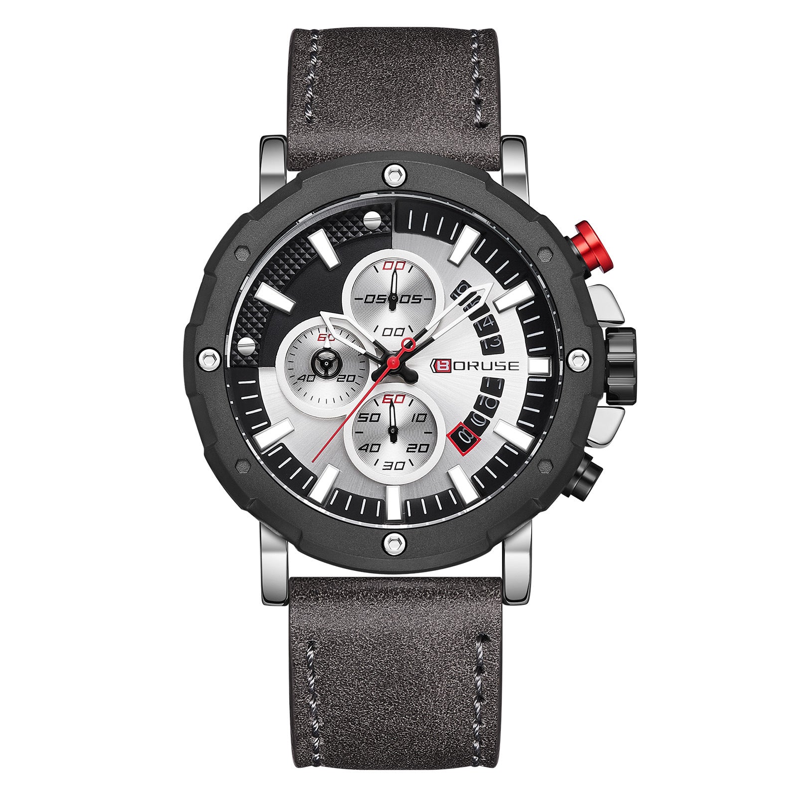 BORUSE Men's Business Quartz Watch Luxury Round Men's Watch Leather Strap Analog Calendar Men's Watch