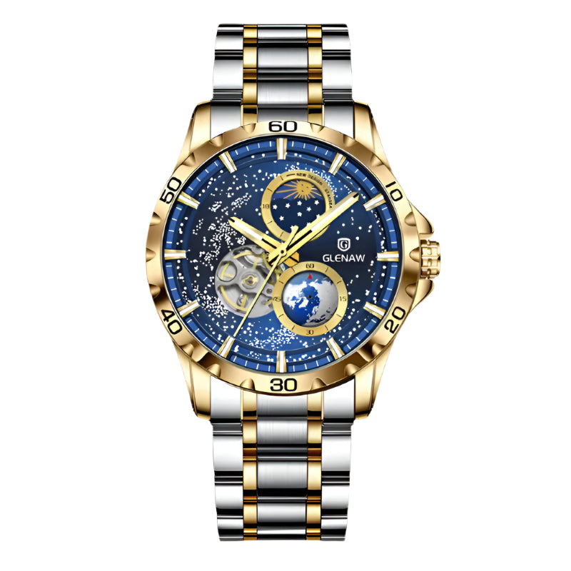 GLENAW Orologio da polso da uomo Orologio meccanico automatico da uomo Orologio con cielo stellato in acciaio inossidabile con cinturino in pelle