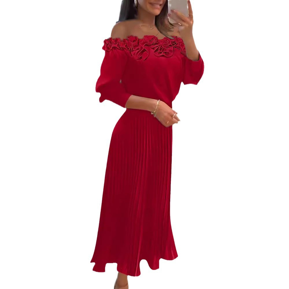 Women's Off-the-Shoulder Pleated Midi Dress with Ruffles Three-dimensional Pleated Off-shoulder Pleated Women Dress