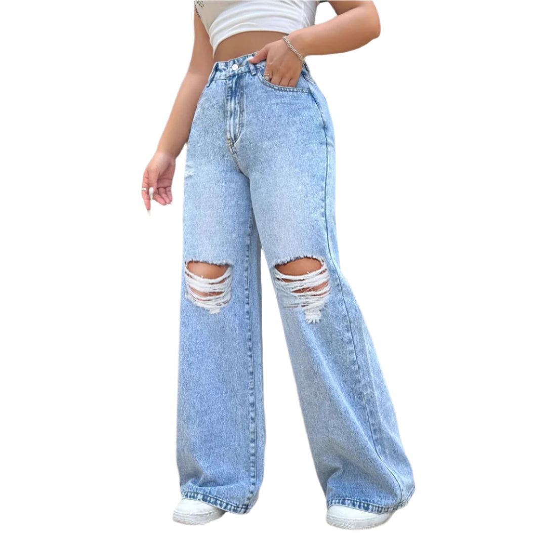Jeans da donna nuovi, strappati e lavati, stile pantaloni larghi e dritti in denim, semplici e casual, alla moda da donna