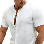 Nieuwe Cardigan Stand Collar Heren Korte Mouw Overhemden