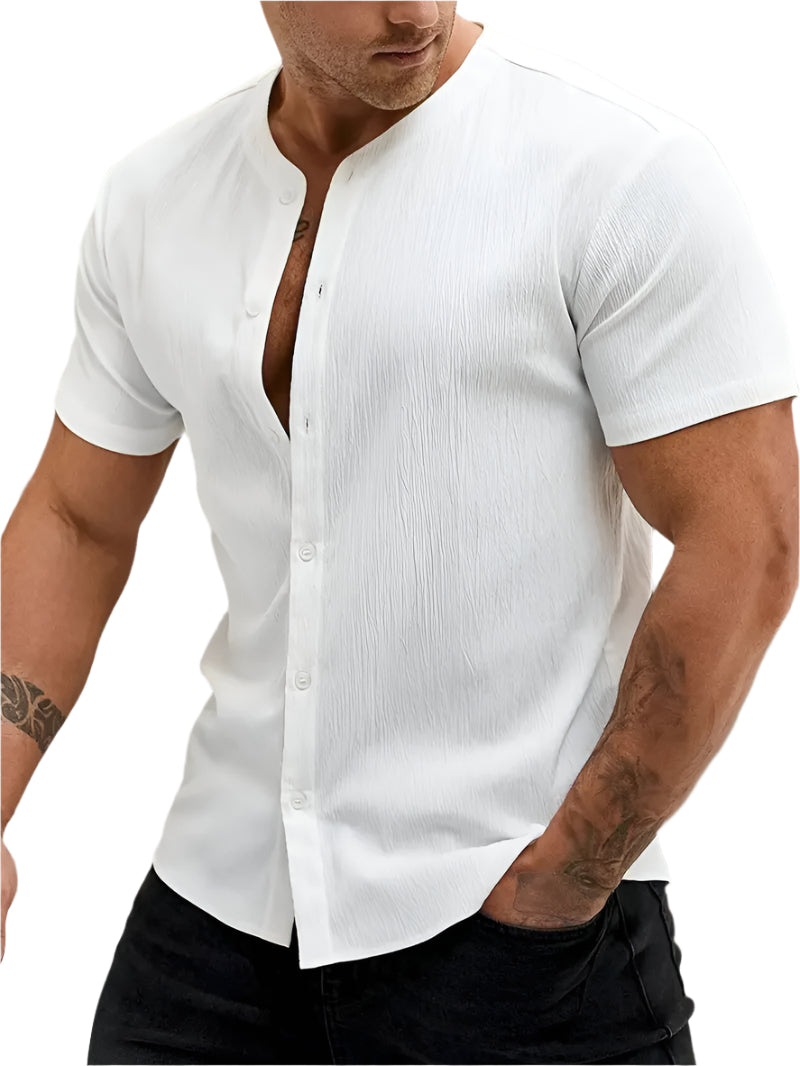 Nieuwe Cardigan Stand Collar Heren Korte Mouw Overhemden