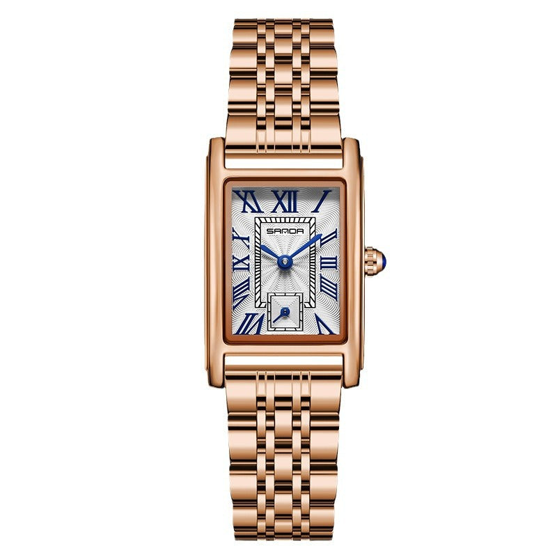 Sanda 1116 Dames Quartz Horloge Modieus Elegant Rechthoekig Waterdicht Leren Band Dames Polshorloge Romeinse Wijzerplaat Quartz Horloge