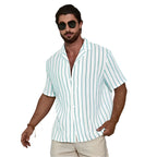 Geometric Contrast Color Striped 3D Digital Printing Short Sleeve Shirt