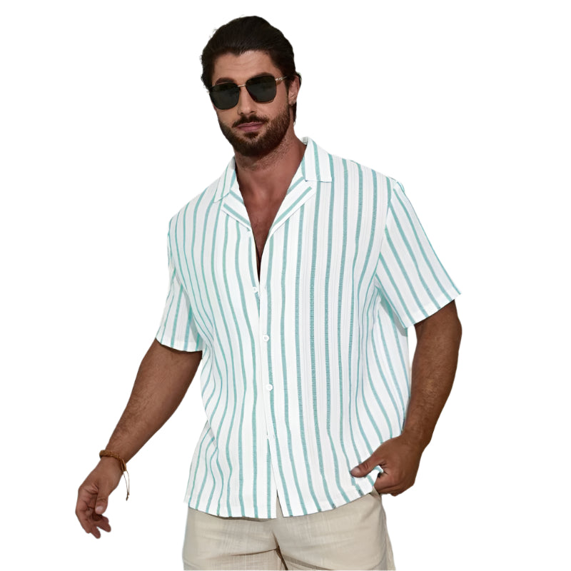 Men's Fashionable Casual Shirt Solid Color Geometric Contrast Color Striped 3D Digital Printing Men's Short Sleeve Shirt