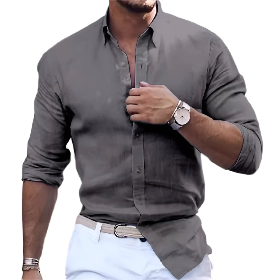 Katoenen linnen overhemd met lange mouwen, effen kleur, polokraag, casual stijl, herenoverhemd