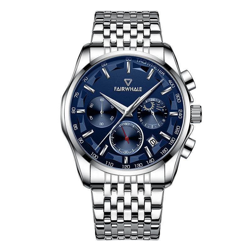 Orologio da polso Mark Fairwale Fashion, orologio multifunzione al quarzo Three Eyes Timing da uomo con fasi lunari.