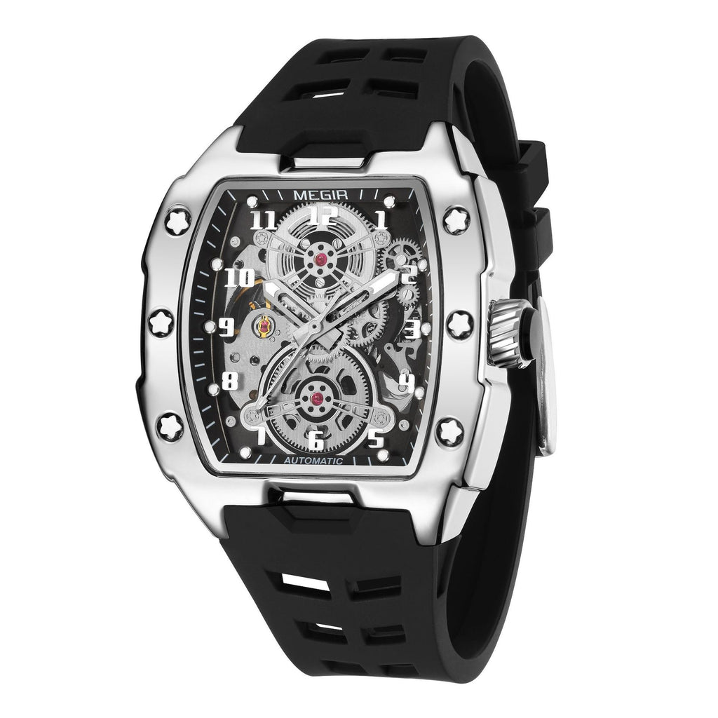 MEGIR 8602 Fashion Orange Men's Automatic Watch Waterproof Luminous Mechanical Wristwatch Hollow Tonneau Dial Silicone Strap