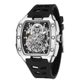 MEGIR 8602 Fashion Orange Men's Automatic Watch Waterproof Luminous Mechanical Wristwatch Hollow Tonneau Dial Silicone Strap