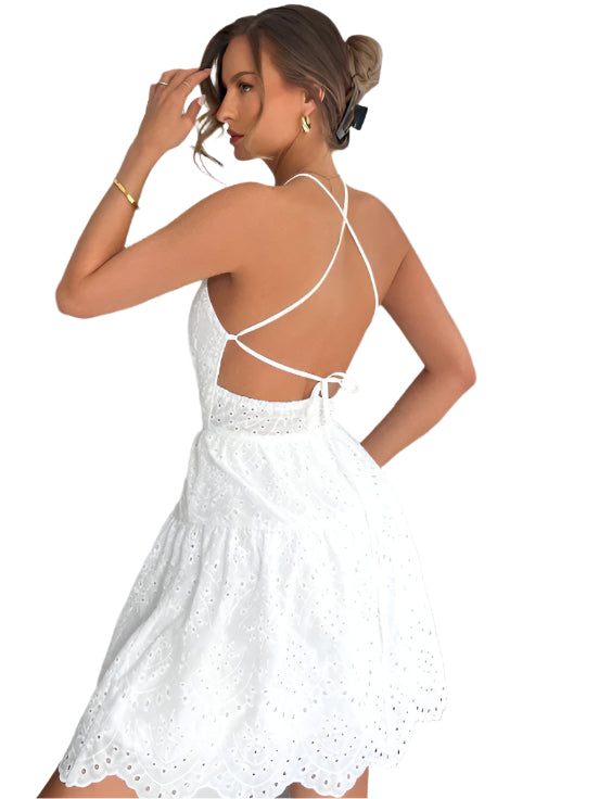 Women's Fashion Lace Patchwork Short Dress High Waist A-Line White Dress Fashionable Sleeveless Women's Short Dress