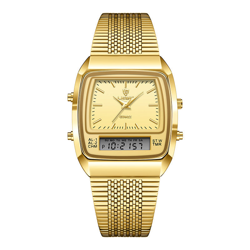 Orologio da polso digitale da uomo LIEBIG con cinturino in acciaio dorato, al quarzo, con doppio fuso orario e display settimanale, impermeabile
