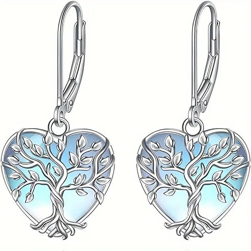 Damesoorbellen, modieus, van S925 sterling zilver, met Keltische knoop, maansteen en levensboommotief, hangende oorbellen met hendelsluiting.