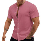Nieuwe Cardigan Stand Collar Heren Korte Mouw Overhemden