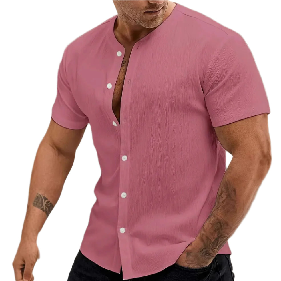 Nieuwe Cardigan Stand Collar Heren Korte Mouw Overhemden