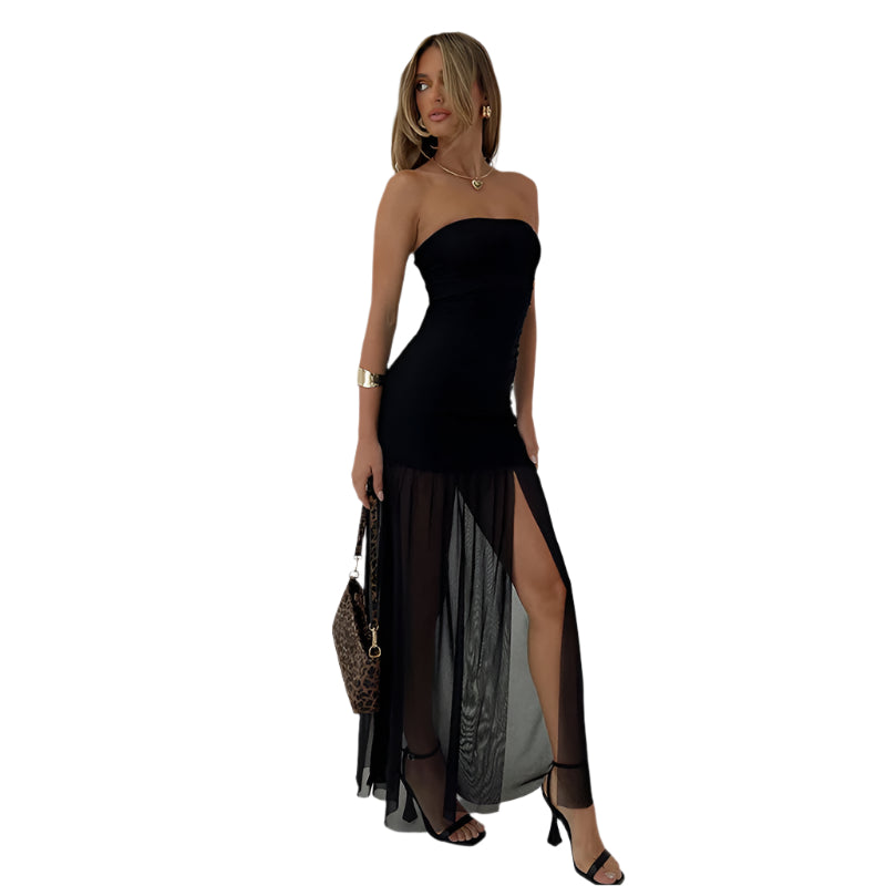 Women's Elegant Mesh Tube Top Dress Fashionable Elegant Style Mid Waist Hip Skirt Solid Color Women's Long Dress